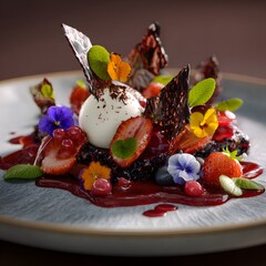 Gourmet Chocolate Berry Dessert with Edible Flowers