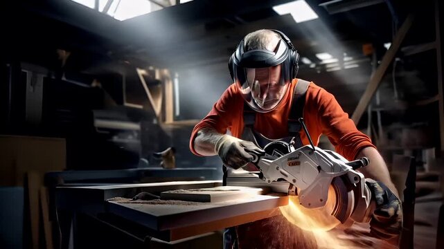 A man in a protective suit and helmet is using a circular saw to cut a piece of metal. The scene is set in a dimly lit workshop with wooden beams and tools scattered around.