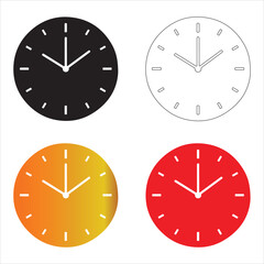 Minimalist set of four clock icons in diverse colors and styles