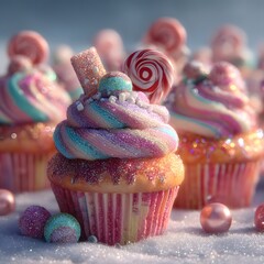 Magical Winter Cupcake with Sparkling Swirl Frosting and Lollipop Topper