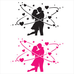 Couple embracing with orbiting hearts, symbolizing love and romance