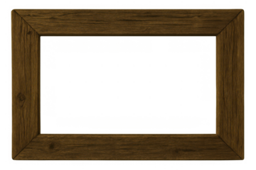 Rectangular wooden picture frame with rustic texture, empty border for content, isolated on a transparent background