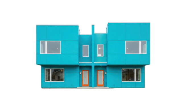 Isolated vibrant blue duplex housing, modern architectural design, geometric form style