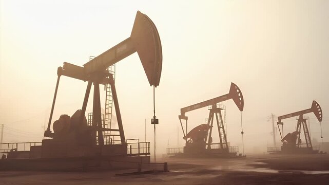 Aerial view of an oil pump jack in a misty industrial setting during what appears to be either dawn or dusk. The scene is dominated by a warm, golden hue.