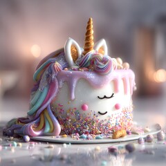 Cute Mini Unicorn Birthday Cake with Rainbow Mane and Sprinkles