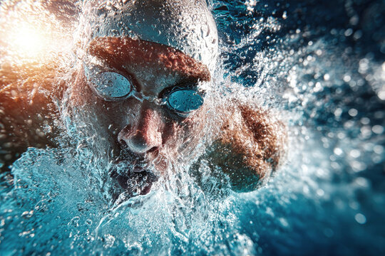 Swimmer diving into water with bubbles and splashes during intense training session