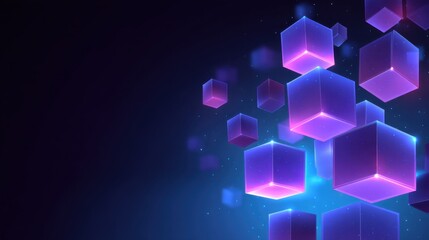 Abstract glowing cubes with purple and blue hues on dark background, perfect for technology or digital art concepts in modern design