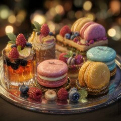 Luxury Dessert Selection on Silver Tray with Macarons and Fruit Jars