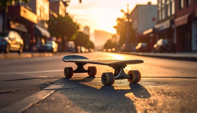 Skateboard on City Street at Sunset.