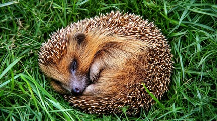 A small curled hedgehog peacefully resting in fresh green grass with visible spines
