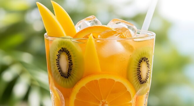 Refreshing Tropical Fruit Drink with Mango, Kiwi, and Orange Slices.