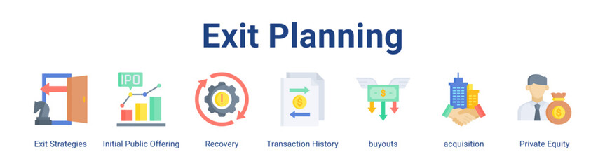 Fototapeta premium Exit Planning web icon vector illustration concept with icon of Exit Strategies, Initial Public Offering, Recovery, Transaction History, buyouts, acquisition, Private Equity.