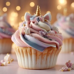 Magical Unicorn Cupcake with Pastel Swirl Frosting and Gold Horn