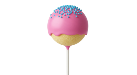 Isolated cake pop with pink chocolate coating and blue sprinkles, celebratory treat