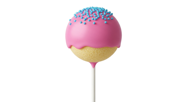Isolated cake pop with pink chocolate coating and blue sprinkles, celebratory treat