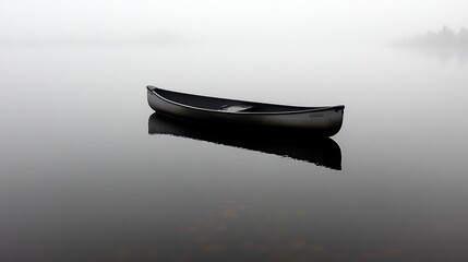 A solitary dark boat floats on a perfectly still reflective lake under soft, misty hills