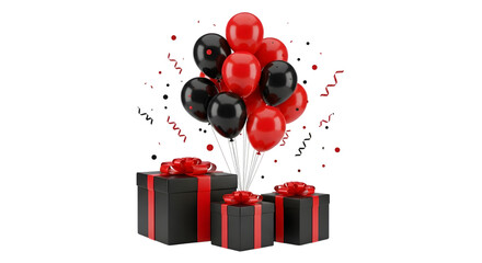 Black and red balloons and gift boxes