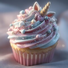Pink Blue Pastel Unicorn Cupcake with Golden Glitter Horn and Sprinkles