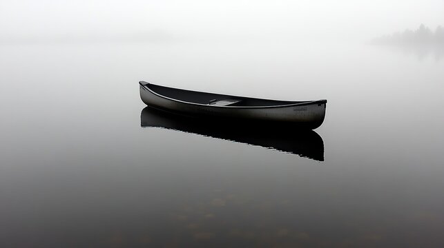 A solitary dark boat floats on a perfectly still reflective lake under soft, misty hills