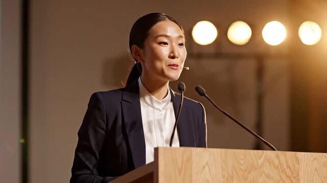 Asian woman giving a speech from a wooden podium on a stage