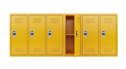 Isolated lockers for school gym or workplace, yellow metal storage cabinets with open door