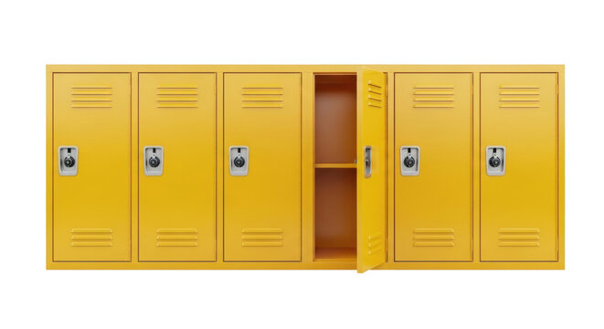 Isolated lockers for school gym or workplace, yellow metal storage cabinets with open door