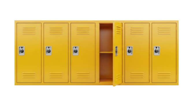 Isolated lockers for school gym or workplace, yellow metal storage cabinets with open door