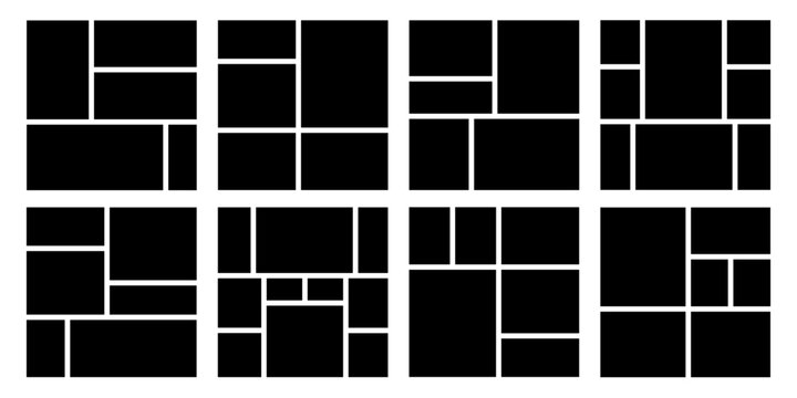 Set of 8 different empty square photo collage templates. Photo gallery mosaic collage