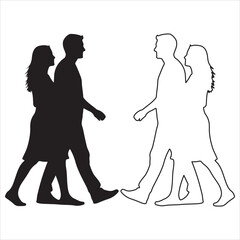 Opposing silhouettes: two couples, black and outline walking