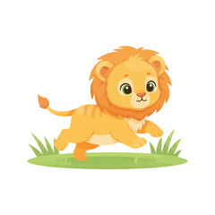 Illustration of a lion cub running in the grass