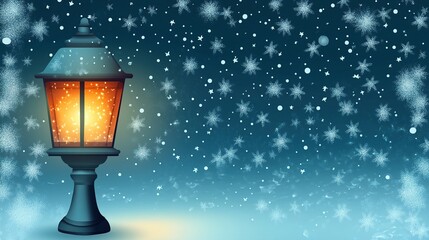 A solitary glowing lantern illuminates a snowy blue night under twinkling stars