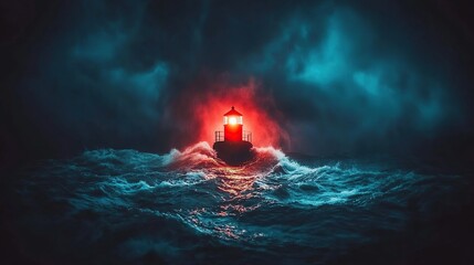 A solitary red beacon shines atop jagged rocks amid misty blue waves at night