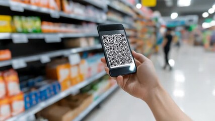 Hand holding smartphone with qr code displayed in retail store aisle - Powered by Adobe