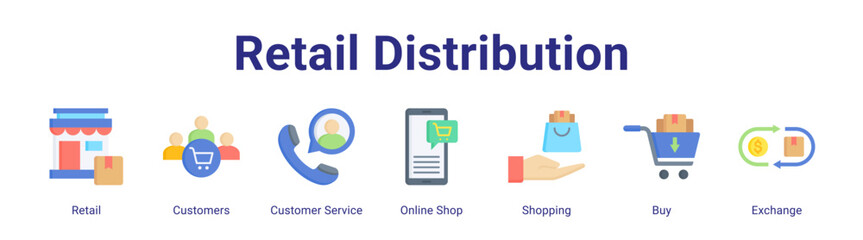 Fototapeta premium Retail Distribution web icon vector illustration concept with icon of Retail,Customers,Customer Service,Online Shop,Shopping,Buy,Exchange.