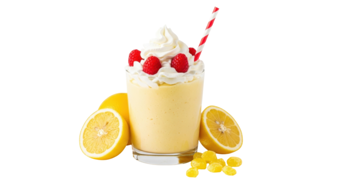Isolated citrus smoothie with raspberries, lemons, sweets, a creamy dessert drink treat