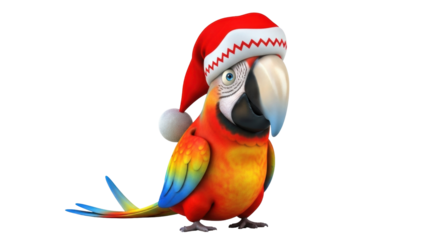 Isolated cartoon parrot wearing a Christmas Santa hat, looking adorable and festive