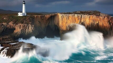 A solitary white lighthouse perched on a towering sunlit cliff overlooking a roiling emerald-blue sea