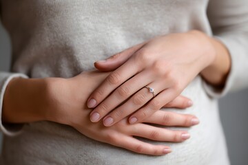Hands resting on round belly with a sparkling ring, signifying motherhood