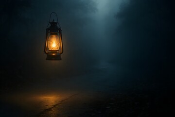 Glowing Lantern Floating in Foggy Night Forest – Symbol of Hope and Guidance in Darkness