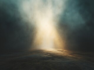 Dramatic spotlight illuminates a desolate landscape veiled by atmospheric mist