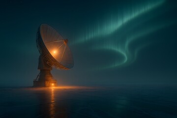Satellite Dish Pointing at Northern Lights – Symbol of Communication, Technology, and Discovery