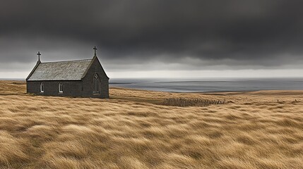 A solitary wooden church stands in a windswept golden field beneath a dramatic stormy sky