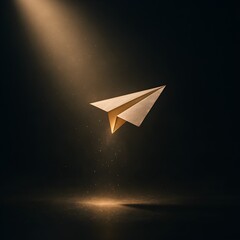 Golden Paper Airplane Under Spotlight – Symbol of Creativity, Freedom, and Ambition