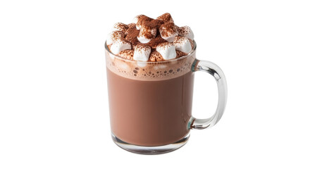 Isolated hot chocolate beverage with marshmallows topped with cocoa powder in clear mug