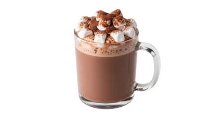 Isolated hot chocolate beverage with marshmallows topped with cocoa powder in clear mug