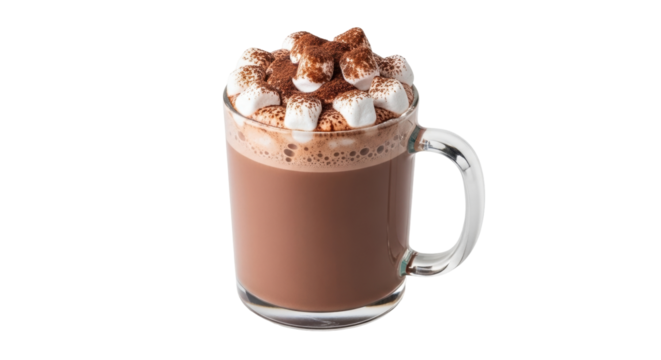 Isolated hot chocolate beverage with marshmallows topped with cocoa powder in clear mug