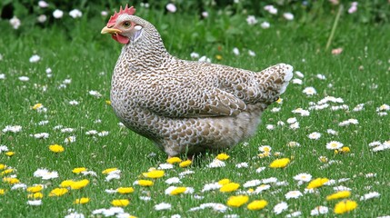 A Speckled Hen Struts Across a Green Meadow Fringed with White Daisies and Yellow Buttercups