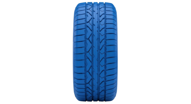 Isolated view of a bright blue tire, showcasing its detailed tread pattern and design features
