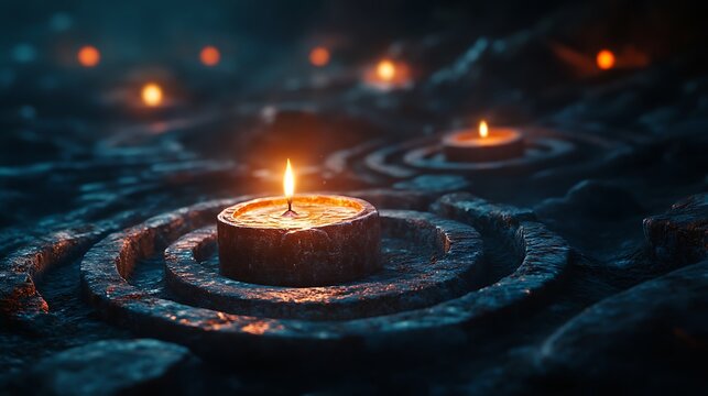 Ethereal candles illuminate a serene ritual space with concentric patterns - Powered by Adobe