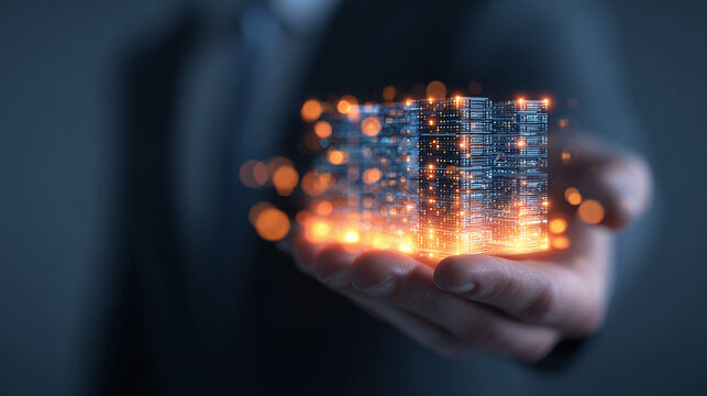 A person's hand holding a glowing digital representation of buildings. This captivating image merges technology and urban life. 